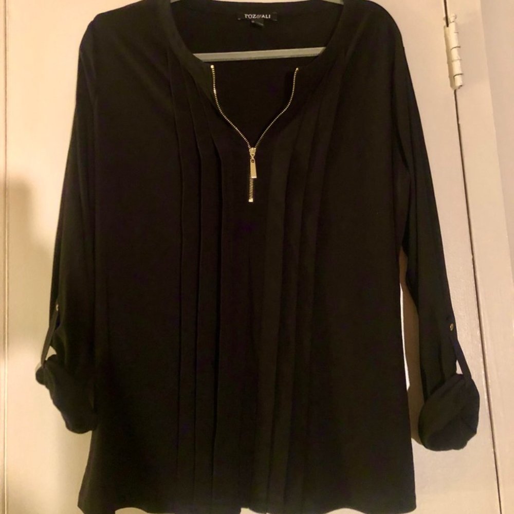 Black zip-up work shirt with pleated front